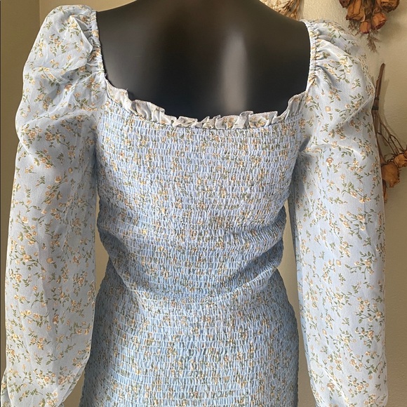 Hey Babe Light Blue Floral Sheer Sleeve Ruched Tie Dress - Picture 12 of 17